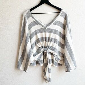 Impressions Vneck Tie Front Boxy Sweater Top Gray White Stripe Womens Size Large